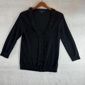 Boden Ruffle‎ Front Cardigan Sweater Black Cotton Silk Cashmere Blend US 10